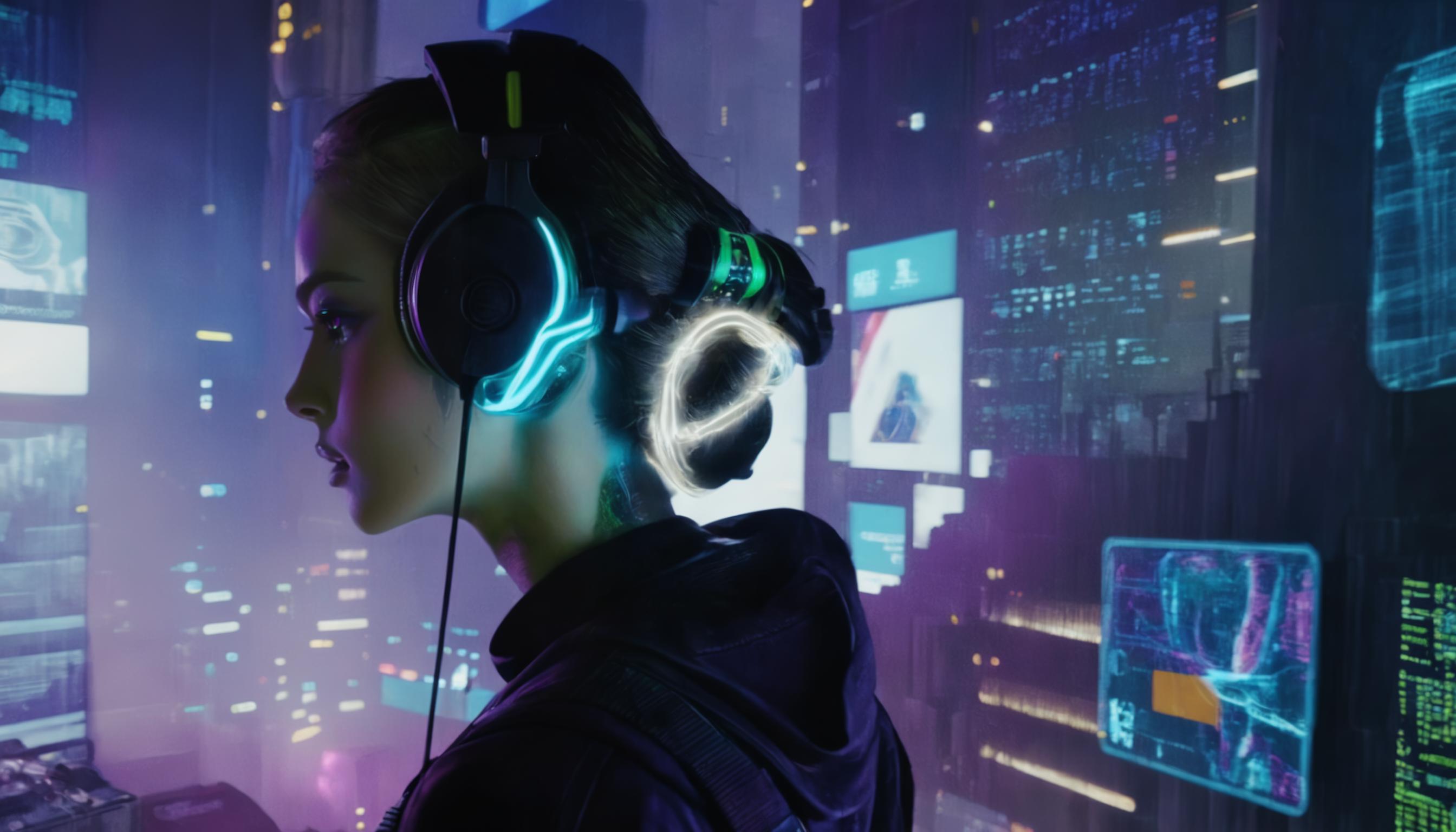 A woman wearing headphones and a backpack, standing in front of a futuristic cityscape.