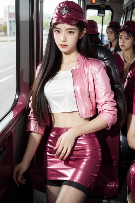 solo,1Girl,standing,ruanyi0495,crop top,cropped jacket,hat,pencil skirt,pink skirt,black pantyhose,bottomless,indoors,bus,bus interior,people,blurry background,,cowboy shot,<lora:0495 air goddess_v1:0.9>, best quality,masterpiece,highres,official art,extremely detailed cg unity 8k wallpaper