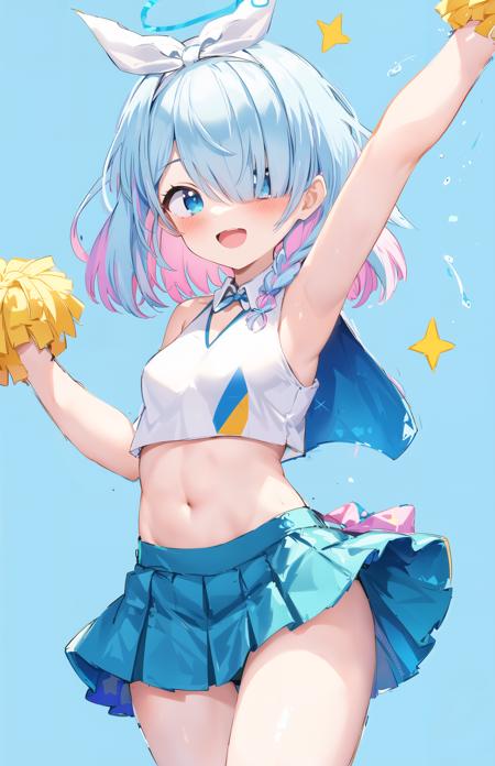 ((masterpiece,best quality)),

1girl, arona (blue archive), solo, pom pom (cheerleading), skirt, white skirt, navel, blue eyes, cheerleader, smile, arm up, hair over one eye, pink hair, looking at viewer, open mouth, hibiki (blue archive), hibiki (cheerleader) (blue archive), stomach, midriff, armpits, blue hair, bare shoulders, multicolored hair, holding, braid, hairband, underwear, short hair, :d, crop top, bow hairband, white hairband, cosplay, pleated skirt, breasts, holding pom poms, colored inner hair, blush, sleeveless, simple background, cowboy shot, two-tone hair, shirt, thighs, miniskirt, standing, ribbon, hair ribbon, bangs, small breasts, bare arms, thigh gap, halterneck, detached collar, single braid, sleeveless shirt, halo, star (symbol),
sweat, sweatdrop,

<lora:BAarona:1:lbw=CHARA>, 