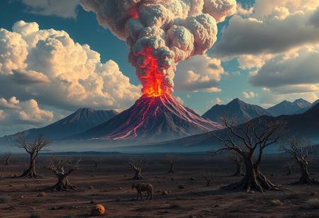 Volcanoes of glass spew molten gems into the air, raining down on a barren, dark planet, wallpaper, Clouds of iridescent gas dance across the sky, while metallic trees reflect their colors on a barren landscape, masterpiece