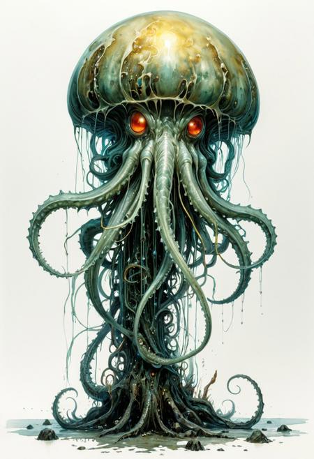 full body, lineart, concept art, a misshapen, beefy jellyfish monster stands on a tentacle-like foot, glowing eyes, tentacle-like tongue,, watercolor wash, approaching perfection, pure form,  minimalistic, unfinished, concept art by Brian Froud and Carne Griffiths, intricate details, 8k post production, high resolution, hyperdetailed, trending on artstation, sharp focus, studio photo, intricate details, highly detailed, by greg rutkowski<lora:xl_more_art-full_v1:0.5>
dungeon and dragon , fantasy,  detailed_eye_model, white background, green red yellow