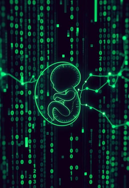 matrix of glowing translucent binary digits of code cascading, comprised of detailed vertical cascading streams of glowing green Matrix-like code, depth of field, code droplets in shape of human embryo connected to intersection of nodes in circulatory system, ultrasound detailed sonogram