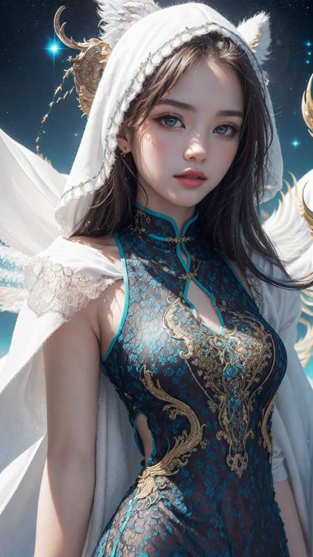 (masterpiece, top quality, best quality, official art, beautiful and aesthetic:1.2), (1girl), extreme detailed eyes, (fractal art:1.3), colorful, highest detailed, (perfect face), shiny skin, HDR, (white cloak golden lines:1.2), galaxy, (light streaks), striking visuals, (dynamic streaks, luminous trails:1.2), vibrant colors, (phoenix), (dragon)
,tutututu, see-through, (cheongsam),
 <lora:tutuqpqp_0001:0.75>