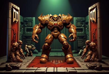 Original poster art design of DOOM 2 (1994 retro game from id software) but with a 3D diorama model effect, extreme high detail, pin sharp resolution, realistic rendering of shadows and reflections, strong contrast, depth of field, maximum use of character art, 8k appearance, masterpiece.