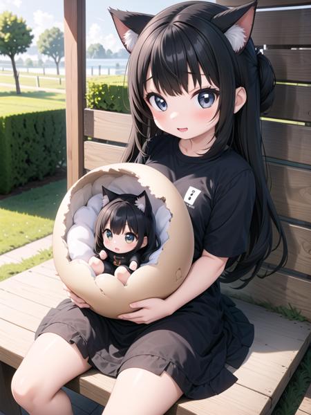 2 girls, holding a giant cracked egg, a chibi girl into giant egg