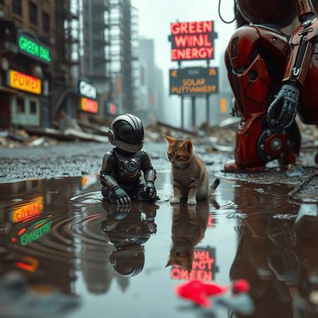 A still from a movie scene from an old dystopian film that's falling apart. The camera is low to the ground covering a swirling puddle where the image of a woman's mangled and rusted and swirling robot and a small swirling cat are reflected. The robot sits by the kitten and the kitten tries to smell the robot. The robot is female in dark red and black with chrome details and metallic finish.  In the background are the ruins of a dystopian city with remnants of neon signs: green deal, wind energy, solar power.
