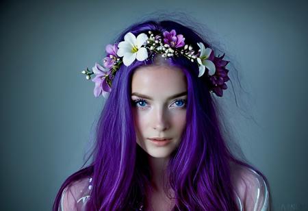 A beautiful woman with long purple hair, wearing pink and white flowers in her hair, with her face partially obscured, gazing directly at the camera with a dreamy expression. The lighting is ethereal, giving the image a professional, award-winning quality. The photograph is high resolution.
