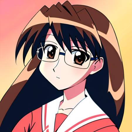 <lora:KoyomiLoRA:1>, 1girl, koyomi mizuhara, black glasses, brown hair, long hair, brown eyes, looking at viewer, school uniform, serafuku, red shirt