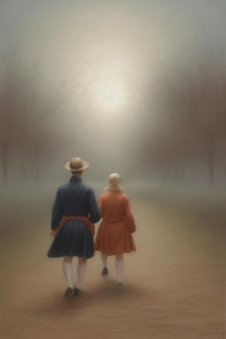 A dynamic painting in soft pastel colors depicting figures in motion through a thick fog, evocative of the Dutch Golden Age style.  The painting features soft brushwork, blurred lines, and action poses, creating a gentle and soothing atmosphere.