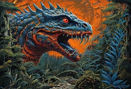 style of Mati Klarwein, EnhanceImage, highly detailed, ultra detailed, high quality, sharp image, bright orange gray blue forest background, rich shadows and bright highlights, close up view, elaborate illustration long segmented serpent monster, (mouth open snarling teeth), horror, light shining through, transparent fins and spikes