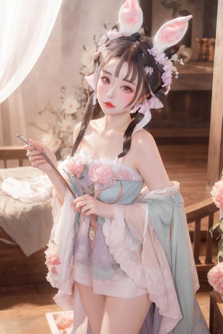 best quality, ultra high res,prefect anatomy,
extremely intricate, 8k uhd,
1girl,solo,
qh dress,qh hair ornament,rabbit ears
indoor,bedroom,
<lora:xj3clothes:0.8>   ulzzang-6500-v1.1