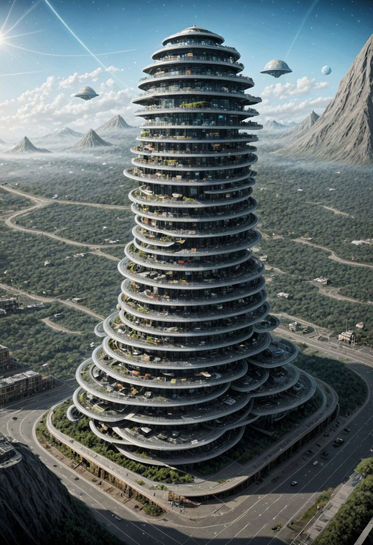 A Futuristic City with a Tall Tower in the Middle