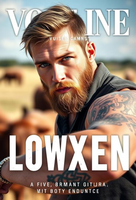 professionally-designed simple modern sleek uncluttered high-fashion magazine book cover art, on the cover should be a mid-length posed muscular, attractive bearded grungy scruffy rugged tattooed tall broad blue-eyed cowboy looking at viewer, he's outdoors on a Texas cattle ranch, this is a contemporary western romance
