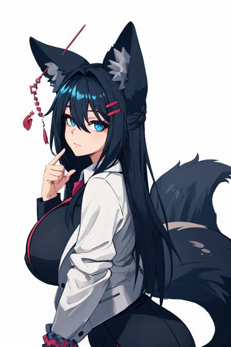 masterpiece, (detailed, highres, best quality), 1girl, gigantic breasts, <lora:spsubresKiri:1> hair between eyes, ear piercing, fox tail, large tail, hairclip, business suit, collared shirt, formal, hair ornament, hair scrunchie, jacket, long sleeves, office lady, scrunchie, shirt, sleeves past wrists, suit, white shirt, color guide, simple background, stuffed animal, stuffed toy, white background, closed mouth, holding, looking at viewer, looking back, pinky out, solo