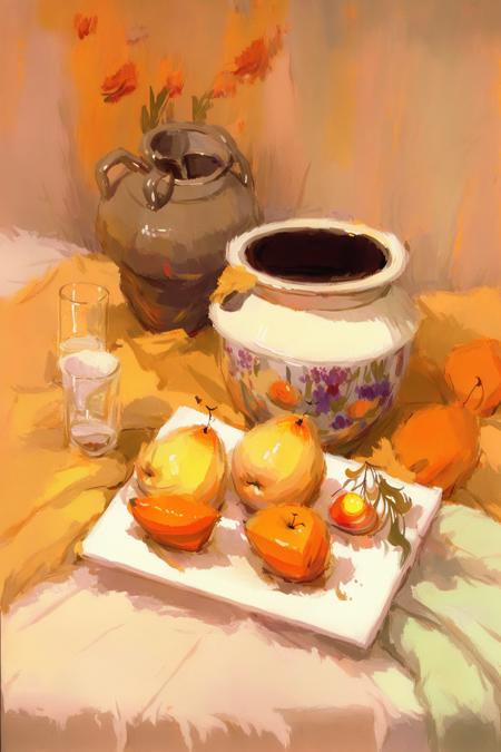 still life watercolor,masterpiece,best quality,white clay pot,1 tall glass,1 orange,1 pear,1 apple,plate,<lora:still life watercolor:1>,