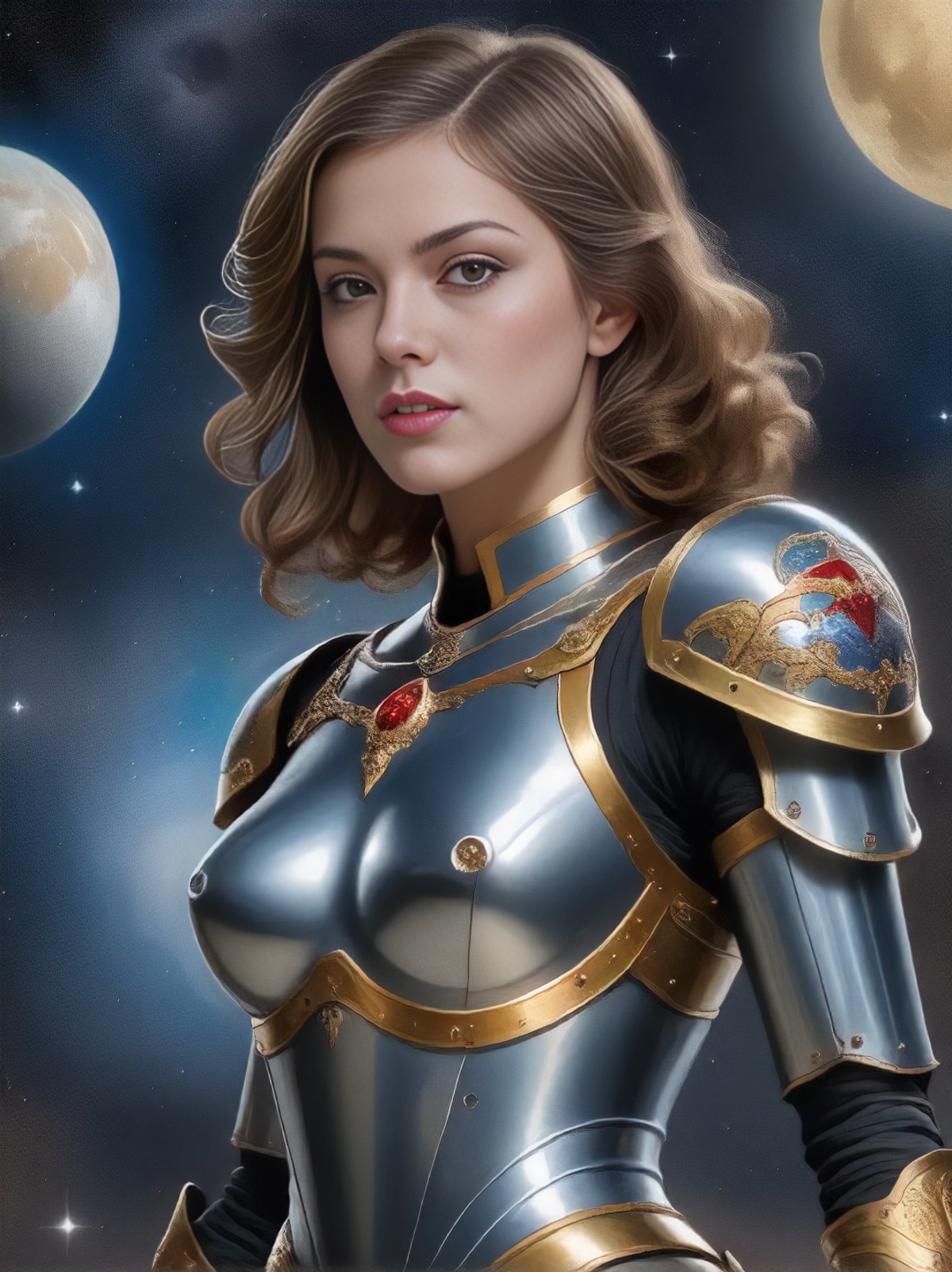 maiden knight, Space-themed, Cosmic, celestial, stars, galaxies, nebulas, planets, science fiction, highly detailed, howar...