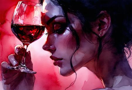 Realistic ink illustration, translucent watercolour washes, subtle charcoal shading. Intimate close-up, slight low-angle: an enigmatic woman poises a crimson wineglass. Piercing backlight ignites the ruby liquid, casting vibrant carmine refractions across her luminous skin. Dramatic chiaroscuro sculpts her features against velvet shadows. Palette: deep crimsons, velvety blacks, warm skin. Glistening crystal, meticulous detail. Atmosphere: intimate contemplation, mysterious allure; subtle dust motes dance in the focused beam. Her expression: a knowing, enigmatic glance.