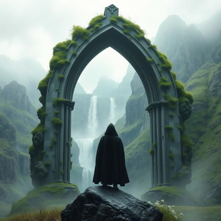 Surreal, fantasy-style image featuring a large, gothic stone archway covered in patches of green moss and vegetation. The archway is set against a dramatic, mountain landscape with steep cliffs and a waterfall in the background. In the foreground, a solitary figure dressed in a black cloak stands on a rock, facing away from the viewer, adding a sense of scale and contemplation to the scene. The overall color palette is muted with shades of green, gray, and white, creating a mystical and serene atmosphere.