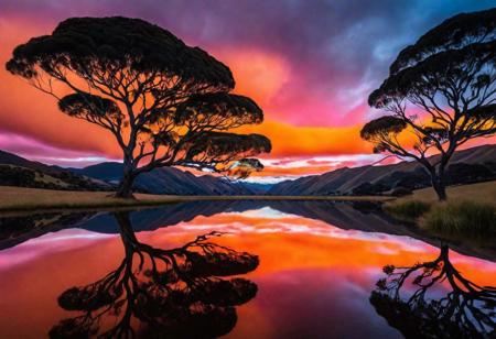 (bubble space multiverse, New Zealand hills, tree storms, parallel water reflects sunset, orange-pink neon), landscape photography, HDR, UHD, mesmerizing, breathtaking, dramatic lighting, high resolution, professional photograph, trending on Instagram, silhouette, long exposure, vibrant colors, cinematic composition