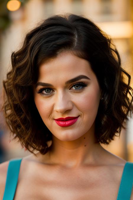 <lora:k4typ3rry:0.9>, a Realistic portrait of k4typ3rry woman,  1girl, solo, long hair, breasts, looking at viewer, smile, blue eyes, blonde hair, cleavage, medium breasts, upper body, lips, makeup, lipstick, eyeshadow, curly hair, realistic, professional Photography, Photorealistic, detailed eyes, RAW, analog, sharp focus, 8k, HD, DSLR, high quality, Fujifilm XT3, film grain, award winning, masterpiece