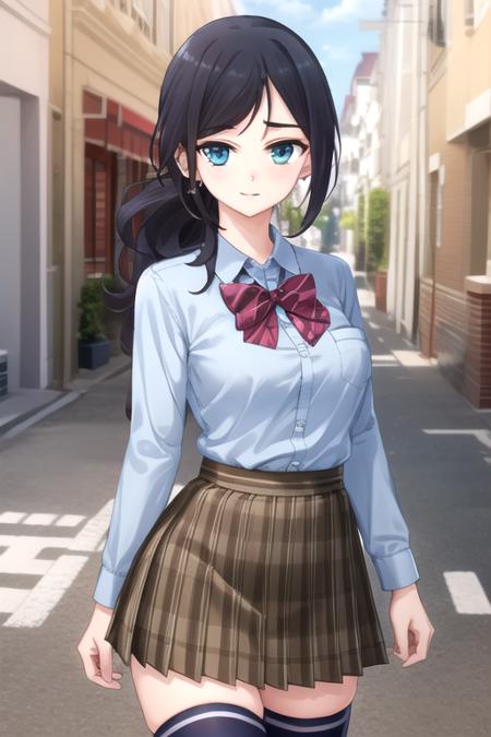 Mita Hikari long hair,black hair,low ponytail,sidelocks,side swept bangs,aqua eyes school uniform,red bowtie,white shirt,collared shirt,emblem,long sleeves,large breasts,skindentation,miniskirt,brown skirt,plaid skirt,pleated skirt,blue thighhighs,zettai ryouiki,loafers