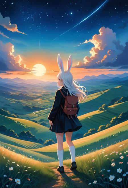1girl, outdoors, hiking, backpack, animal ears, solo, sky, bunny, rabbit, rabbit ears, outdoors, dress, star \(sky\), long hair, starry sky, cloud, standing, white dress, field, socks, blue eyes, scenery, long sleeves, night, night sky, coat, white hair, sunset, hair ornament, black coat, black footwear, looking at viewer, shoes, white socks, full body, horizon, 
BREAK, 
[art by Makoto Shinkai and Amanda Clark and Bastien Lecouffe-Deharme], 
characters, dreaminess, landscapes, magic, other-worldliness, watercolor, female-artist, digital, environmentalism, fantasy, femininity, manga-anime, whimsy, dark, surreal, mystery, mythology, Japanese, contemporary, film, romance, 
minimalist flat illustration, serene and surreal scene, 
Wide range of colors, Dramatic, Dynamic, Cinematic, 
Hand drawn flat art illustration, Flat Colour Anime, anime artwork, 
adventure, fantasy, manga-anime, whimsy, 
concept-art, (aerial shot, aesthetic, dreamy, vibrant, vivid), 
textural, artistic, anime style, key-visual, studio anime, beautiful, painterly, 
highly detailed, ultra-detailed, intricate details, absurdres, 
aid291, midjourneyv6.1,