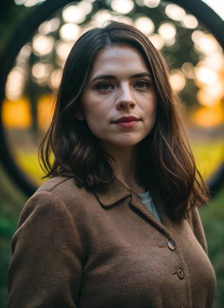 (fullbody:1.2) photo of skswoman, indifferent, outdoors, a magic portal to the past, landscape with hue, analog style (look at viewer:1.2) (skin texture), close up, cinematic light, sidelighting, Fujiflim XT3, DSLR, 50mm, <lyco:Hayley Atwell:1.1>