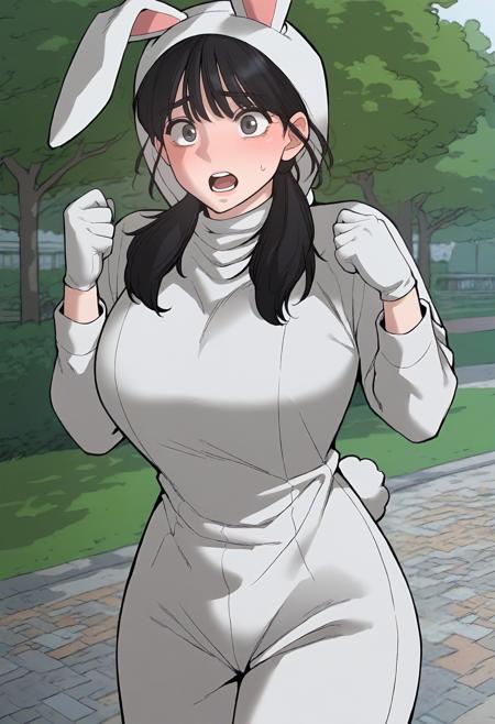 black hair, low twintails, black eyes, long hair, grey eyes, hair over shoulder white shirt, collared shirt, short sleeves, black skirt, pencil skirt fake animal ears, rabbit costume, rabbit hood, hood up, long sleeves, white gloves