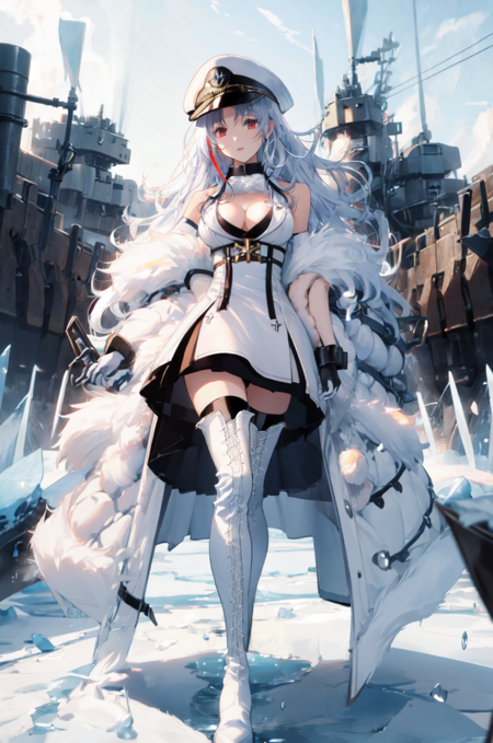 tallinn_(azur_lane), 1girl, looking at viewer, thighhighs, gloves, hat, dress, cleavage, bare shoulders, full body, boots, open clothes, sleeveless, elbow gloves, white gloves, white dress, high heels, zettai ryouiki, coat, fur trim, sleeveless dress, chain, white headwear, thigh boots, white footwear, peaked cap, cross-laced footwear, high heel boots, machinery, ice, open coat, turret, military hat, white coat, lace-up boots, rigging, fur-trimmed coat, expressions