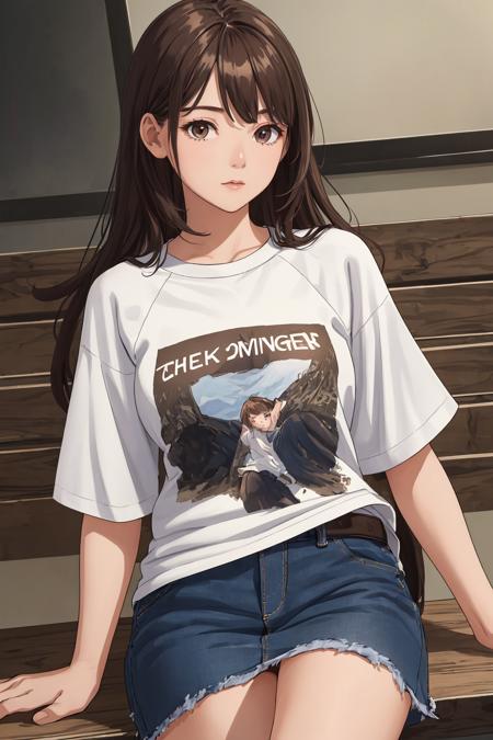 masterpiece, best quality, high quality,extremely detailed CG unity 8k wallpaper, 
1girl, solo, denim, shirt, skirt, denim skirt, long hair, sitting, head out of frame, short sleeves, raglan sleeves, print shirt, black hair, t-shirt, clothes writing, indoors, brown hair, white shirt, english text