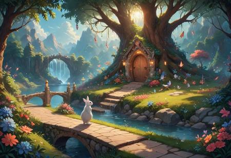 (Isekai anime style.Anime coloring.(0.9))In a whimsical world, a beautiful fairy garden blooms with vibrant flowers and sparkling fountains. A delicate, crystal bridge spans a gentle stream, leading to a majestic tree with leaves that shimmer like diamonds. A friendly, fluffy rabbit hops along the winding path, surrounded by fluttering butterflies and sweet, singing birds. The garden is filled with hidden treasures, like a tiny, glowing fairy door and a secret, shimmering cave. A soft, fluffy cloud drifts lazily across the sky, casting a warm, gentle shadow over the garden. The air is filled with the sweet scent of blooming flowers and the soft, soothing sound of gentle chimes. It's a peaceful, magical place where dreams come alive and wonder waits around every corner.master_class,master_piece,up_8,up_9,perfect beautiful,perfect beautiful early morning light.