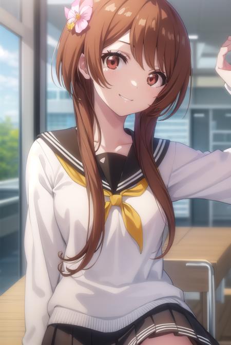 marikatachibana, <lora:marika tachibana s2-lora-nochekaiser:1>,
marika tachibana, long hair, brown hair, hair ornament, (brown eyes:1.5), flower, sidelocks, hair flower, short hair with long locks, smile, grin,
BREAK skirt, long sleeves, school uniform, serafuku, black skirt,
BREAK indoors, classroom,
BREAK looking at viewer, (cowboy shot:1.5),
BREAK <lyco:GoodHands-beta2:1>, (masterpiece:1.2), best quality, high resolution, unity 8k wallpaper, (illustration:0.8), (beautiful detailed eyes:1.6), extremely detailed face, perfect lighting, extremely detailed CG, (perfect hands, perfect anatomy),