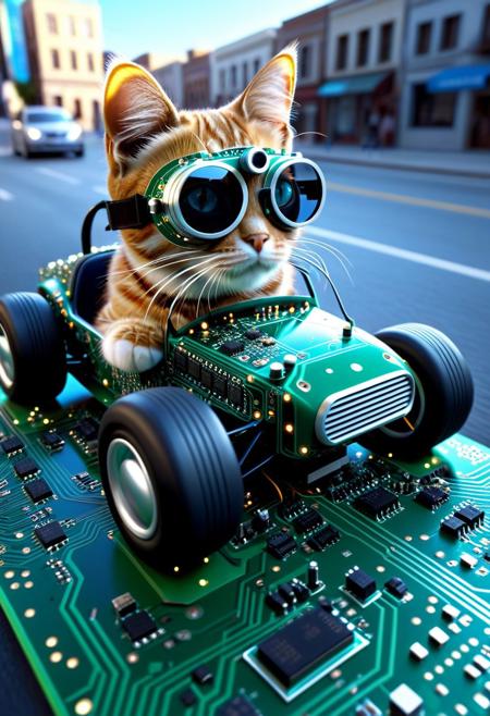 TzigoCBS, (made of CircuitBoard:1.3), closeup shot, from below, cute small classic sports car made of CircuitBoard, cat driving, wear round goggles, wear animal ears helmet, run through on CircuitBoard city street, Dust, blue sky, cinematic, cinematic lighting, (masterpiece, best quality:1.4), ultra-high res, 4k, Photorealistic, insanely detailed, sfw,