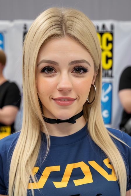 a woman at a crowded comicon convention, in a starwars shirt, (people in the background), upper body, (close up), perfect face, raw, 8k uhd, [happy, smiling:0.5], <lora:jazlynRay:1>