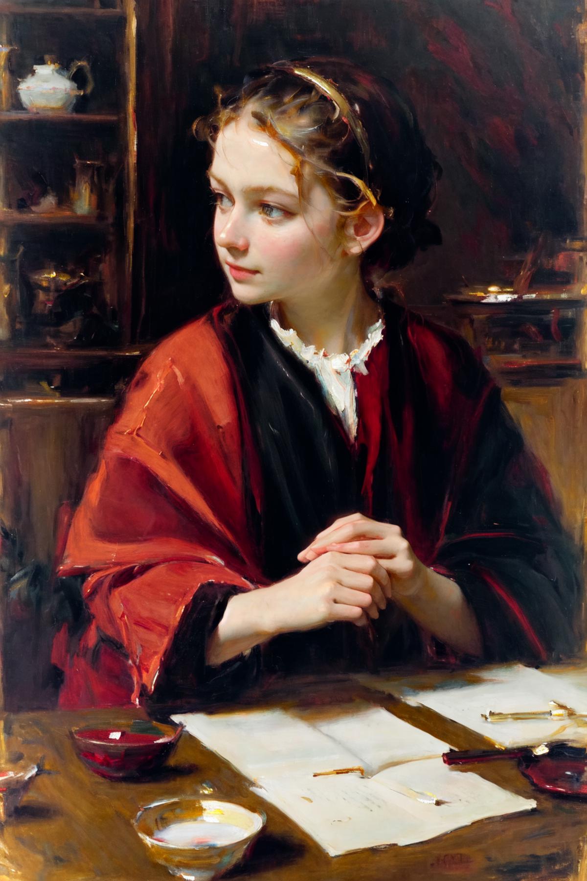 A portrait of a young woman in a red coat and black lace collar.