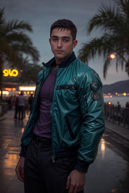 (medium shot:1) photo of man sc_walker <lora:sc_walker_sfw_00006:0.75> wearing a shimmering jacket posing in a (futuristic:1) San Diego, neon lights, high-tech interfaces, maritime landscape, floating digital billboards, digital facades, vibrant purples, blues, pinks, and greens cast dynamic reflections on every surface, ambient glow from the ocean and sky, multi-source lighting effect, best quality, masterpiece, realistic, cinematic composition, (detailed background), depth of field, intricate details, 8k, detailed skin texture, detailed face, realistic eyes