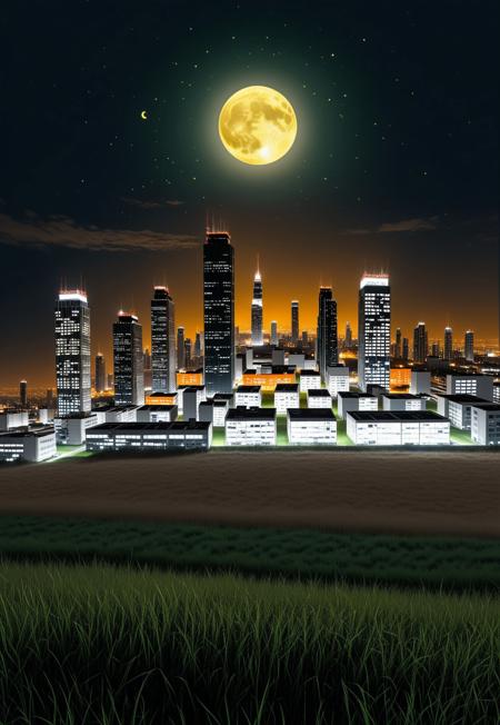 a huge hilly field covered with grass with partially clayey inclusions, green and brown boxes are visible very far away, also behind the hills narrow black skyscrapers with white windows with a yellowish tint are visible, green and brown boxes are visible far away, a dimly lit and dull black building with an orangish glow from sunset, you can see a small white bright advertisement with incomprehensible outlines, black skyscrapers with light yellow windows topped with metal structures standing right in the middle of the field reflect the light of the moon, in the distance you can see small two-story buildings with very small windows and a chimney, a little closer near the skyscrapers you can also see small two-story buildings buildings with very small windows and a chimney, not all skyscrapers are topped with metal structures, the sky on the horizon is from dark red to yellowish which sees off the departing sun, the moon is on the opposite side, the sky is soft blue topped by the moon on the opposite side of the sun, and a few stars, clouds light white very transparent barely visible,