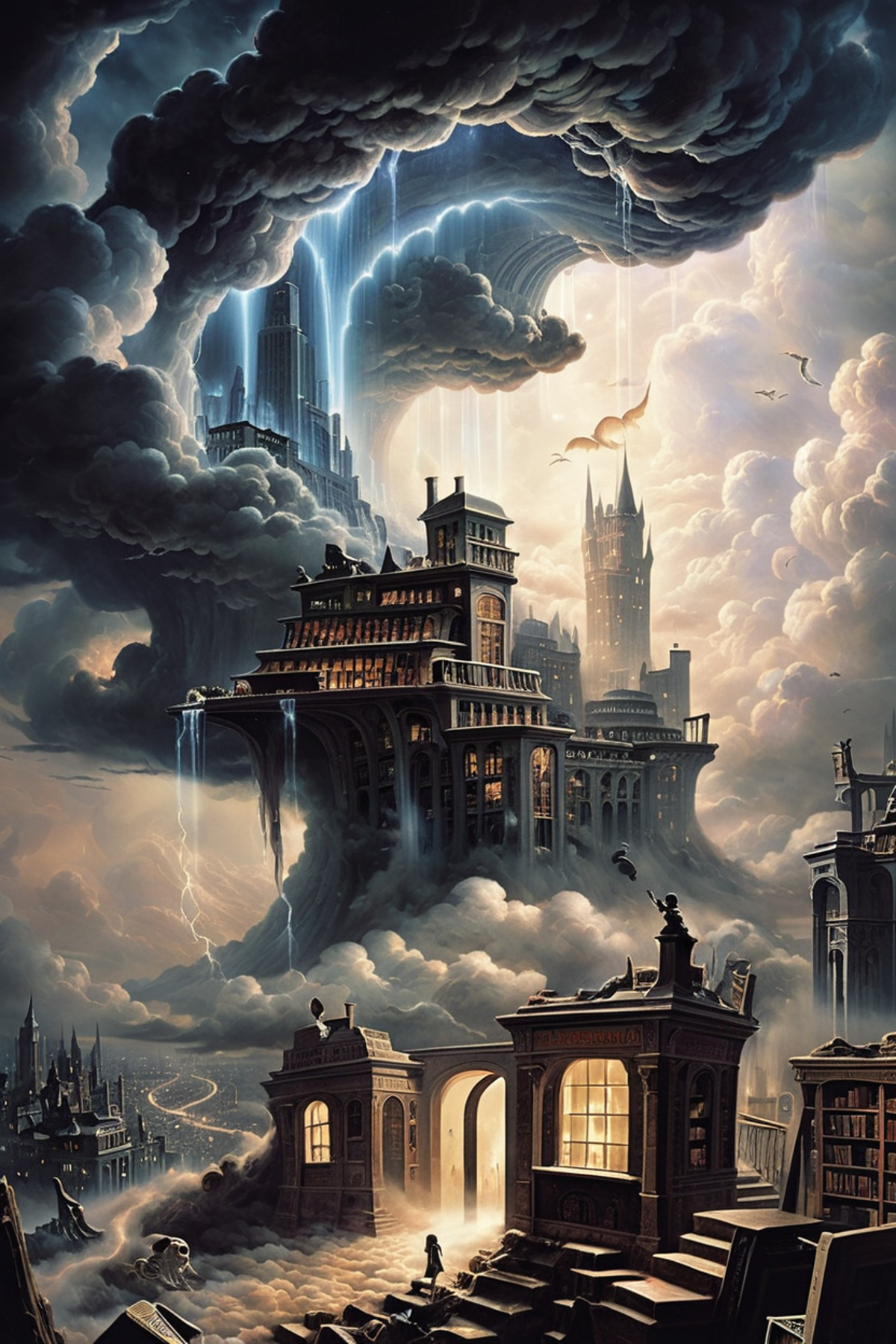 A Fantastical Cityscape with a Castle and a Dragon, Surrounded by Clouds and Buildings