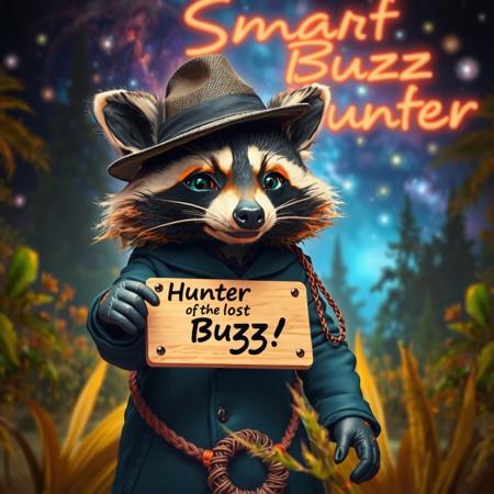 masterpiece, intricate photo realistic photo, cute racoon wearing hat holding a small beige wooden plate on which is written "Hunter of the lost Buzzz!", background jungle, stars, galaxies, nebulae, in the sky is written in neon letters "Smart Buzz Hunter", as realistic as possible, hyper realistic, highly detailed, sharp focus,dark art, gothic art, cyberpunk style, best quality, high resolution, colorful, vibrant colors, studio lighting, 8K