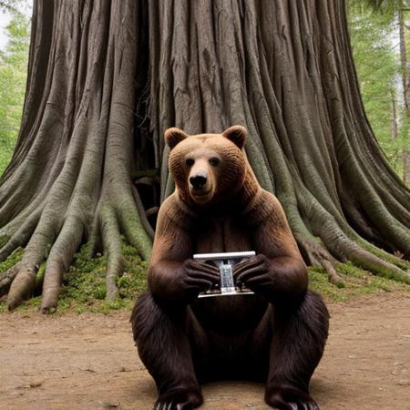 Brown bear sitting and playing mouth harmonica, like a man with both hands, in front of  big tree in the forest.