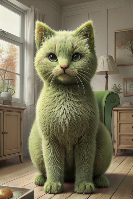 grassify, living room, window, autumn tree, Cute little kittens, 4k, high detail, high quality, realistic, full body, massive huge eyes, grassify painting, grassify armchair.