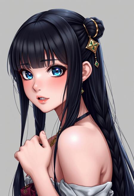 girl, long hair, looking at viewer, blue eyes, black hair, hair ornament, jewelry, bare shoulders, twintails, earrings, parted lips, teeth, grey background, photography style, hyper detailed, hyper realistic