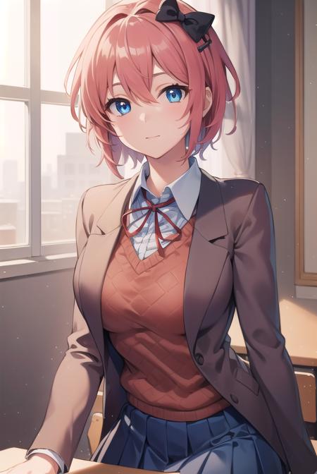 ddlcsayori, <lora:ddlcsayoritest:1>,
ddlcsayori, blue eyes, hair between eyes, hair bow, hair ornament, pink hair, red bow, short hair,
BREAK blue skirt, pleated skirt, school uniform, skirt, brown jacket, jacket,
BREAK looking at viewer,
BREAK indoors, classroom,
BREAK <lora:GoodHands-vanilla:1>, (masterpiece:1.2), best quality, high resolution, unity 8k wallpaper, (illustration:0.8), (beautiful detailed eyes:1.6), extremely detailed face, perfect lighting, extremely detailed CG, (perfect hands, perfect anatomy),