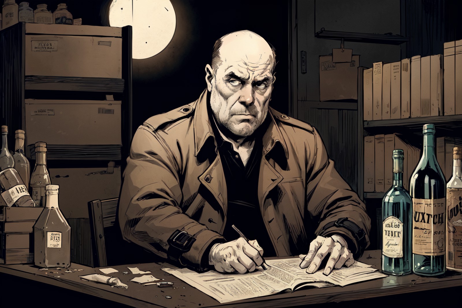 comic art style, image of an old overweight man sitting behind a desk in a messy office, a detective, wearing a trench coa...