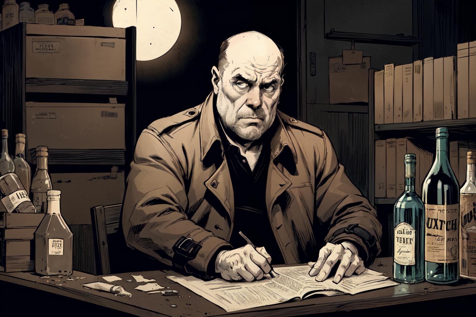 Man in a Brown Jacket Reading a Book at a Desk
