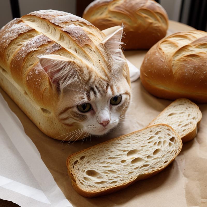 A cat sitting in a loaf of bread.