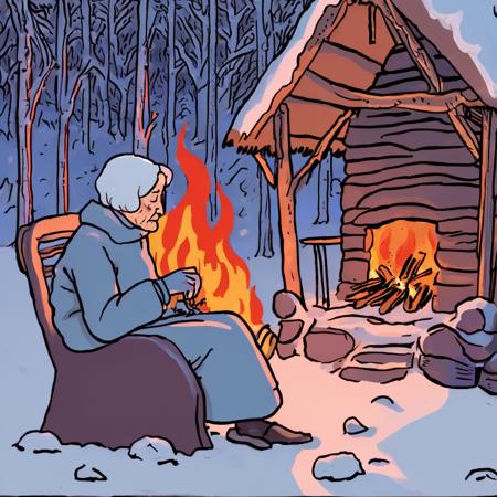 high-quality artwork in jmst artstyle of closeup of an old woman sitting in a chair outside a hut in front of a burning fireplace in a snowy forest during winter during dusk