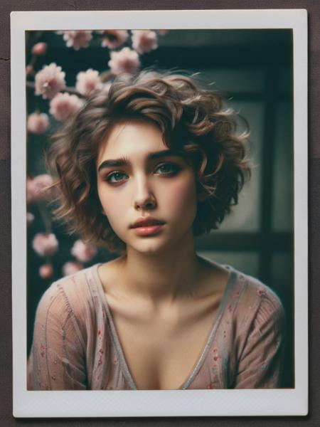 1girl,(curly layered short hair:1.3),(sidecut:1.3),lazy,expression of feelings, despair,death,elegant,full body,dynamic pose,peach blossom,<lora:ral-polaroid:1> ral-polaroid