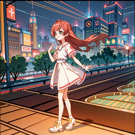 best quality,masterpiece,highres,extremely detailed background, 1girl, solo, standing, smile, full body, flat chest, in the night, in big city, traffice lights, <lora:Precure Mashiro:0.5>