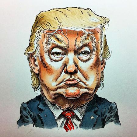 (extremely rough:1.5) (hand drawn:1.5) ink and color  (sketch:1.5) of Donald Trump, caricature  in cuneo style, (full character:1.4),   (irregular lines:1.5), complete outfit, candid pose,  extremely detailed, (surreal:1.5), paper texture background  <lora:Cuneo_Style_XL_LyCoris_v1.6:1> <lora:add-detail-xl:0.4>